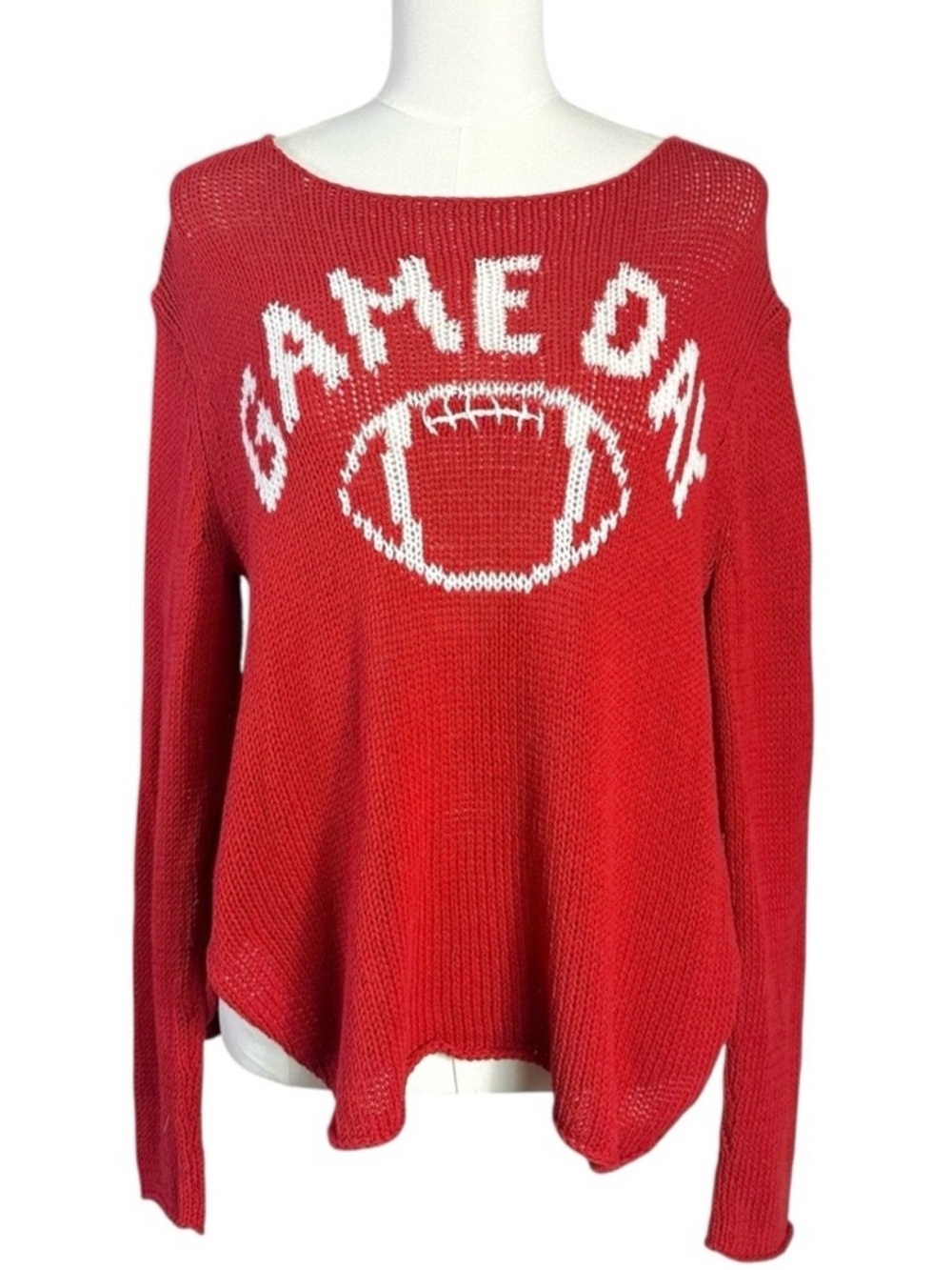 Wooden Ships Game Day Football Open Knit Sweater Red Small Medium Super Bowl